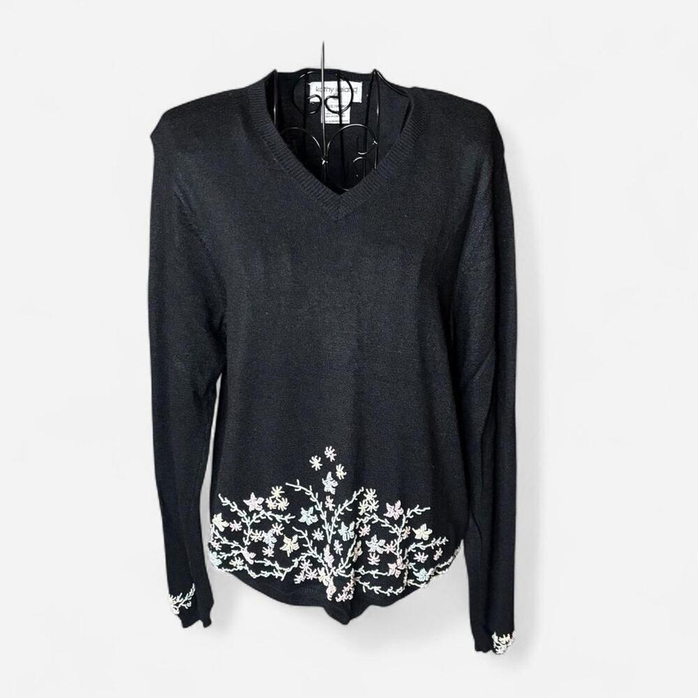 Vintage Kathy Ireland Silk Wool Floral Embroidered Beaded Sweater L